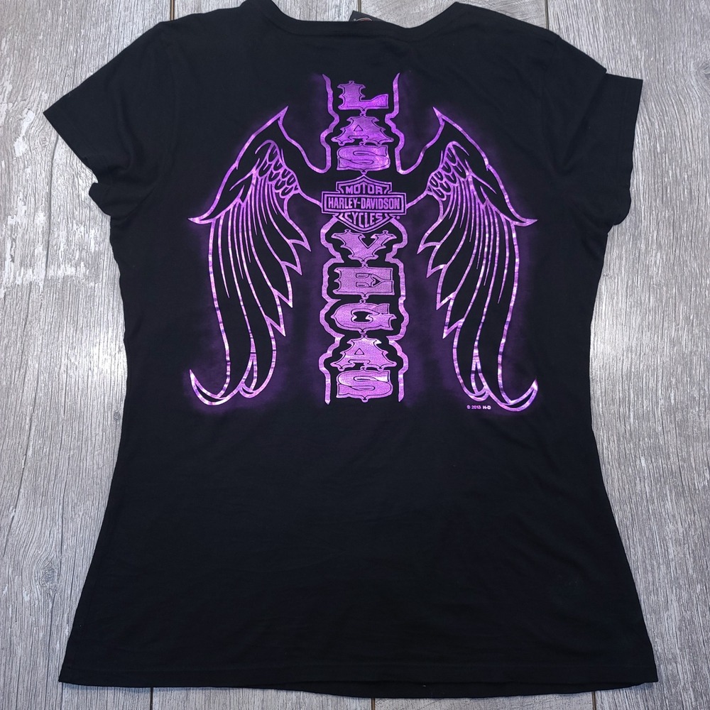 Harley Davidson T-Shirt Womens XL Black Purple Las Vegas Wings Graphic Tee 2013